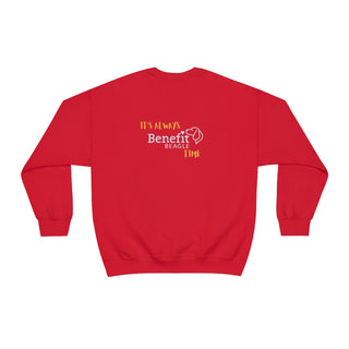 Beagle-Thirty Mugs Unisex Heavy Blend Crewneck Sweatshirt in Red. Shown is back of shirt featuring "Beagle-Thirty" Benefit Beagle Logo. The front Showcases Two Dog Adorned Mugs clinking with, "It's Beagle- Thirty" written above it.