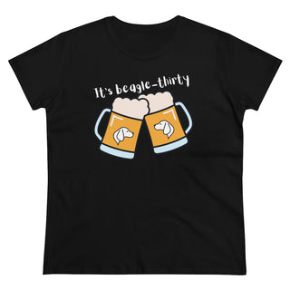 Beagle-Thirty Mugs Women's Midweight Cotton Tee in Black. The front of shirt showcases Two Dog Adorned Mugs clinking with the saying, "It's Beagle-Thirty" above it. Back of shirt features corresponding Benefit Beagle Logo.