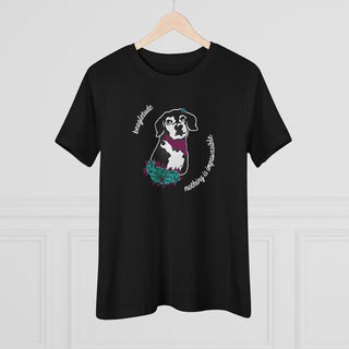 Signature Tattoo Roses Women's Premium Tee in Black. Shown is front of shirt with the Signature Tattoo Roses design featuring a dog with roses around it and the phrase "Beagletude" and "Nothing is Impawssible". Back of shirt features the Benefit Beagle Logo.