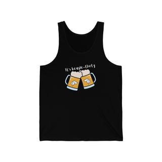 Beagle-Thirty Mugs Unisex Jersey Tank in Black. The front of shirt showcases Two Dog Adorned Mugs clinking with the saying, "It's Beagle-Thirty" above it. Back of shirt features corresponding Benefit Beagle Logo.