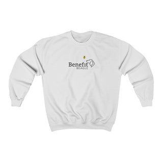 Bee Pawsitive Unisex Crewneck Sweatshirt in White. The front of shirt features the Bee Pawsitive Benefit Beagle Logo. The back of shirt showcases a dog dressed as a bee in a field of sunflowers with "Bee Pawsitive" written above.