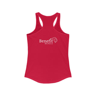 Easily Distracted Women's Racerback Tank in Red. Shown is back design with the classic Benefit Beagle Logo. The front design features a dog waving with the saying "Easily Distracted by Dogs" below it.