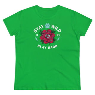 Stay Wild Women's Midweight Cotton Tee in Irish Green. Shown is front of Stay Wild Design features a tattoo style rose with the phrase "Stay Wild, Play Hard" around it. The back of shirt features the Stay Wild Benefit Beagle Logo Design.