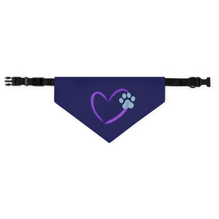 Live, Love, Beagle Dog Collar Bandana in Navy. The Live, Love, Beagle design features a heart with a paw print. Comes with black adjustable collar.