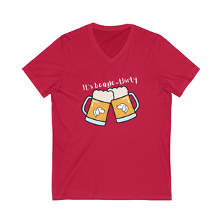 Beagle-Thirty Mugs Unisex Short Sleeve V-Neck Tee in Red. The front of shirt showcases Two Dog Adorned Mugs clinking with the saying, "It's Beagle-Thirty" above it. Back of shirt features corresponding Benefit Beagle Logo.