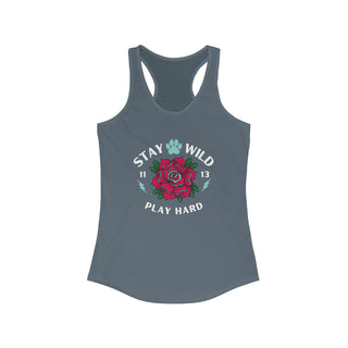 Stay Wild Women's Ideal Racerback Tank in Warm Grey. The Stay Wild Design features a tattoo style rose with the phrase "Stay Wild, Play Hard" around it.  The back of shirt features the Stay Wild Benefit Beagle Logo Design.