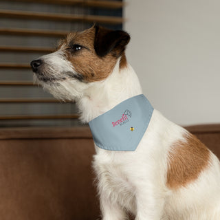 Dog wearing Bee Pawsitive Dog Collar Bandana in Grey. The Bee Pawsitive design features the Benefit Beagle logo with a bumble bee flying under it. Comes with adjustable black collar.