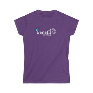 Lincoln Butterfly Women's Softstyle Tee in Purple. Shown is the front of shirt with Benefit Beagle Logo kissed by butterfly. The back of shirt showcases profile of a dog with a blue butterfly on its nose and the phrase "Kindness is Strength" next to it.