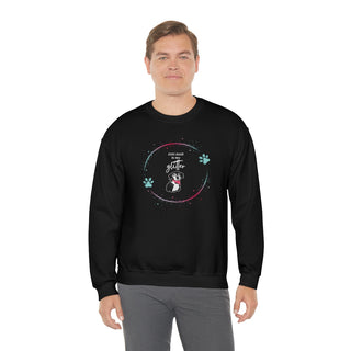 Dog Hair is my Glitter Unisex Crewneck in Black. The Dog Hair is my Glitter design features a dog with the phrase "Dog Hair is my Glitter" above it and it is surrounded by a circle with paw prints.