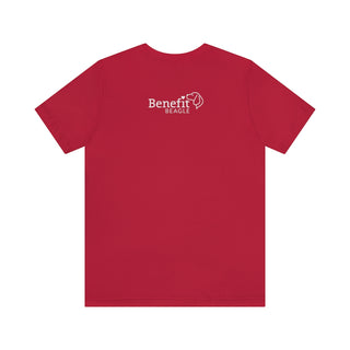 Signature Tattoo Roses Unisex Short Sleeve Tee in Red. Shown is back of shirt with the Benefit Beagle Logo. Front of shirt has the Signature Tattoo Roses design featuring a dog with roses around it and the phrase "Beagletude" and "Nothing is Impawssible".