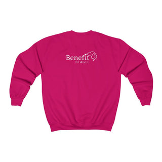 Signature Tattoo Flowers Crewneck Sweatshirt in Heliconia. Shown is back of shirt with the Benefit Beagle Logo. Front of shirt has the Signature Tattoo Flowers design featuring a dog with flowers around it and the phrase "Beagletude" and "Nothing is Impawssible".