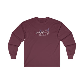 Witchy Cat Unisex Ultra Cotton Long Sleeve Tee. Front side shown in Maroon with a Seasonal Benefit Beagle Logo Design. Back side showcases Wide Eyed Cartoon Cat wearing Purple Hat Standing over Broom. "Crossing Paths Since 1692". Purrfect for Halloween, or anytime!