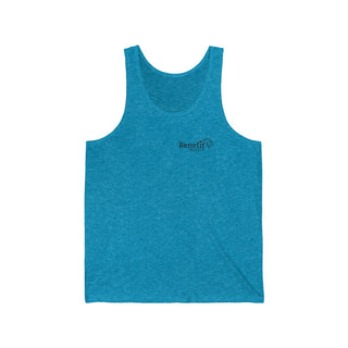 Live in the Moment Unisex Jersey Tank in Aqua Triblend. The Live in the Moment design features the Benefit Beagle logo in the top corner of the garment.