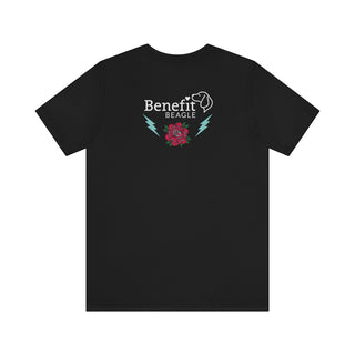 Stay Wild Premium Unisex Tee in Black. Shown is the back of shirt with Benefit Beagle Logo complete with Tattoo Rose. On front of shirt is Stay Wild Design featuring a tattoo style rose with the phrase "Stay Wild, Play Hard" around it.