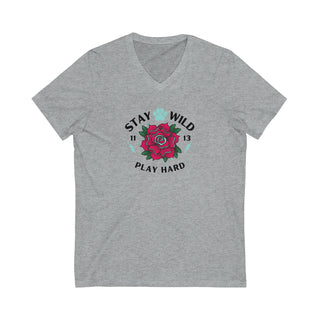 Stay Wild Unisex Jersey Short Sleeve V-Neck Tee in Athletic Heather. The Stay Wild Design features a tattoo style rose with the phrase "Stay Wild, Play Hard" around it. The back of shirt features the Stay Wild Benefit Beagle Logo Design.