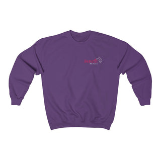 Different Pawspective Unisex Crewneck Sweatshirt in Purple. Shown is front of shirt with Benefit Beagle logo in the top corner . On the back is large colorful pawprint with the the phrase "Life is all about finding the beauty in a different pawspective" circled around it.