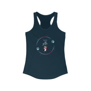 Dog Hair is my Glitter Women's Racerback Tank in Midnight Navy. The Dog Hair is my Glitter design features a dog with the phrase "Dog Hair is my Glitter" above it and it is surrounded by a circle with paw prints.