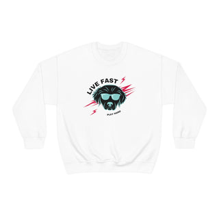 Play Hard Unisex Heavy Blend Crewneck Sweatshirt in White. The design features a cool dog with sunglasses and lightening bolts around it. The phrase "Live Fast, Play Hard" is around the design.