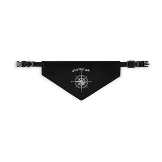 Adventures Await Dog Collar Bandana in Black. The Adventures Await design features a nautical compass with the profile of a dog in the center. Comes with adjustable black collar.