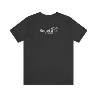 Signature Tattoo Flowers Unisex Jersey Short Sleeve Tee in Dark Grey Heather. Shown is back of shirt with the Benefit Beagle Logo. Front of shirt has the Signature Tattoo Flowers design featuring a dog with flowers around it and the phrase "Beagletude" and "Nothing is Impawssible".