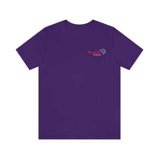 Different Pawspective Unisex Jersey Short Sleeve Tee in Purple. Shown is front of shirt with Benefit Beagle logo in the top corner . On the back is large colorful pawprint with the the phrase "Life is all about finding the beauty in a different pawspective" circled around it.