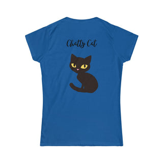 Meow Women's Softstyle Tee in Royal Blue. Shown is back showcasing a wide eyed black cartoon cat with the phrase "Chatty Cat" above it. On front of shirt is the Benefit Beagle Logo featuring a peeping cat.