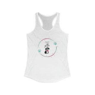 Dog Hair is my Glitter Women's Racerback Tank in White. The Dog Hair is my Glitter design features a dog with the phrase "Dog Hair is my Glitter" above it and it is surrounded by a circle with paw prints.