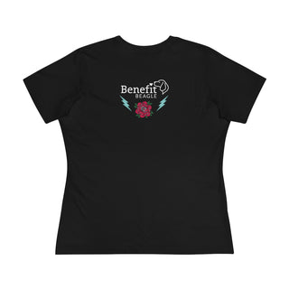 Stay Wild Women's Premium Tee in Classic Black. Shown is the back of shirt with Benefit Beagle Logo complete with Tattoo Rose. On front of shirt is Stay Wild Design featuring a tattoo style rose with the phrase "Stay Wild, Play Hard" around it.