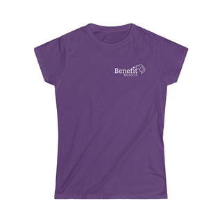 Live in the Moment Women's Softstyle Tee in Purple. The Live in the Moment design features the Benefit Beagle logo in the top corner of the garment.