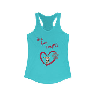 Live, Love, Beagle Women's Ideal Racerback Tank in Tahiti Blue. The Live, Love, Beagle design features a dog running through a heart with the phrase "Live, Love, Beagle!" above it.