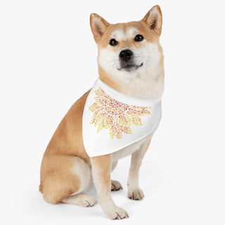 Dog wearing the You are my Sunshine Pet Bandana Collar in White. The You are my Sunshine design features half of a sunflower made out of little paw prints. Comes with adjustable black collar.