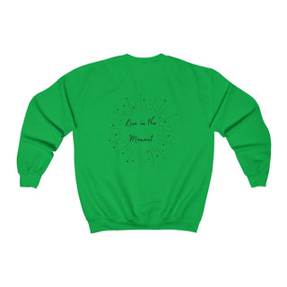 Live in the Moment Crewneck Sweatshirt in Irish Green. The Live in the Moment design features a graphic on the back with the phrase "Live in the Moment" surrounded by shooting stars.