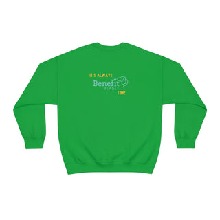 Beagle-Thirty Bottles Unisex Heavy Blend Crewneck Sweatshirt in Irish Green. Shown is back of shirt featuring "Beagle-Thirty" Benefit Beagle Logo. The front Showcases Two Paw Labeled Bottles clinking with, "It's Beagle-Thirty" written next to it.