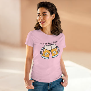 Beagle-Thirty Mugs Women's Midweight Cotton Tee in Pink. The front of shirt showcases Two Dog Adorned Mugs clinking with the saying, "It's Beagle-Thirty" above it. Back of shirt features corresponding Benefit Beagle Logo.