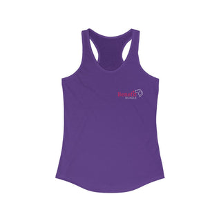 Different Pawspective Women's Racerback Tank in Purple Rush. Shown is front of shirt with Benefit Beagle logo in the top corner . On the back is large colorful pawprint with the the phrase "Life is all about finding the beauty in a different pawspective" circled around it.