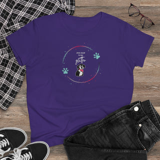 Dog Hair is my Glitter Women's Midweight Cotton Tee in Purple. The Dog Hair is my Glitter design features a dog with the phrase "Dog Hair is my Glitter" above it and it is surrounded by a circle with paw prints.