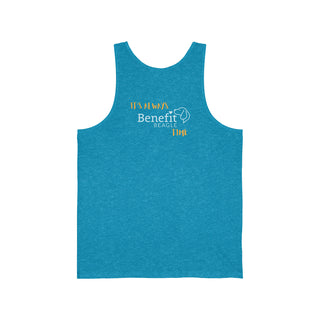 Beagle-Thirty Mugs Unisex Jersey Tank in Aqua Triblend. Shown is back of shirt featuring "Beagle-Thirty" Benefit Beagle Logo. The front Showcases Two Dog Adorned Mugs clinking with, "It's Beagle- Thirty" written above it.