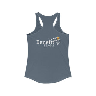 You are my Sunshine Women's Racerback Tank in Indigo. Shown is back of shirt featuring the Sunflower Benefit Beagle Logo. The front showcases a sunflower which is split down the middle and half is made out of paw prints. Underneath is the phrase "You are my Sunshine".