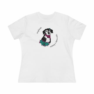 Signature Tattoo Roses Women's Premium Tee in White. Shown is front of shirt with the Signature Tattoo Roses design featuring a dog with roses around it and the phrase "Beagletude" and "Nothing is Impawssible". Back of shirt features the Benefit Beagle Logo.