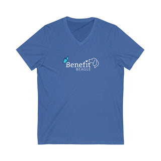 Lincoln Butterfly Unisex V-Neck Tee in True Royal. Shown is the front of shirt with Benefit Beagle Logo kissed by butterfly. The back of shirt showcases profile of a dog with a blue butterfly on its nose and the phrase "Kindness is Strength" next to it.