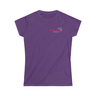 Different Pawspective Women's Softstyle Tee in Purple. Shown is front of shirt with Benefit Beagle logo in the top corner . On the back is large colorful pawprint with the the phrase "Life is all about finding the beauty in a different pawspective" circled around it.