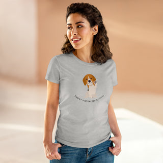 Easily Distracted Women's Midweight Cotton Tee in Team Ash. Shown is front design featuring a dog waving with the saying "Easily Distracted by Dogs" below it. The back of shirt has the classic Benefit Beagle Logo.