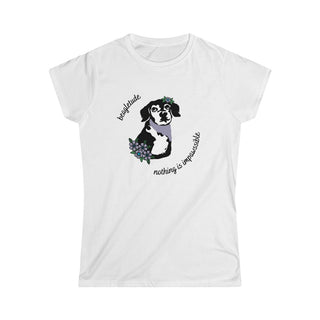 Signature Tattoo Flowers Women's Softstyle Tee in White. Shown is front of shirt with the Signature Tattoo Flowers design featuring a dog with flowers around it and the phrase "Beagletude" and "Nothing is Impawssible". Back of shirt features the Benefit Beagle Logo.