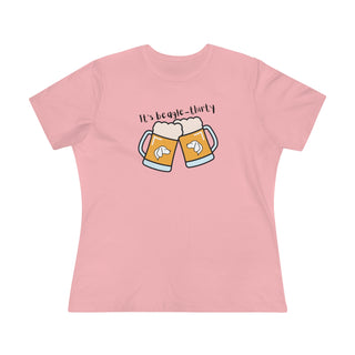 Beagle-Thirty Mugs Women's Premium Tee in Pink. The front of shirt showcases Two Dog Adorned Mugs clinking with the saying, "It's Beagle-Thirty" above it. Back of shirt features corresponding Benefit Beagle Logo.