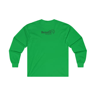 Easily Distracted Ultra Cotton Long Sleeve Tee in Irish Green. Shown is back design with the classic Benefit Beagle Logo. The front design features a dog waving with the saying "Easily Distracted by Dogs" below it.