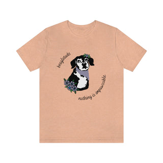 Signature Tattoo Flowers Unisex Jersey Short Sleeve Tee in Heather Peach. Shown is front of shirt with the Signature Tattoo Flowers design featuring a dog with flowers around it and the phrase "Beagletude" and "Nothing is Impawssible". Back of shirt features the Benefit Beagle Logo