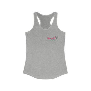 Different Pawspective Women's Racerback Tank in Athletic Heather. Shown is front of shirt with Benefit Beagle logo in the top corner . On the back is large colorful pawprint with the the phrase "Life is all about finding the beauty in a different pawspective" circled around it.