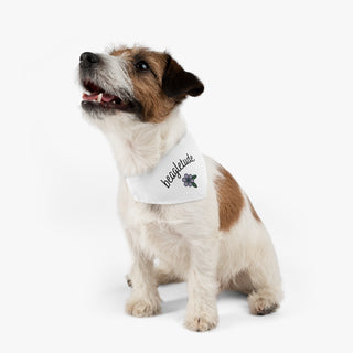 Dog wearing the Signature Tattoo Flower Dog Collar Bandana in White. The Signature Tattoo Flower design features the word "beagletude" with a tattoo style flower under it. Comes with adjustable black collar.