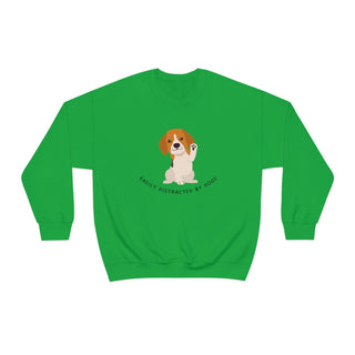 Easily Distracted Unisex Heavy Blend Crewneck Sweatshirt in Kelly Green. Shown is front design featuring a dog waving with the saying "Easily Distracted by Dogs" below it. The back of shirt has the classic Benefit Beagle Logo.