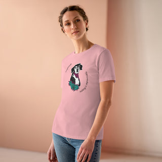 Signature Tattoo Roses Women's Premium Tee in Pink. Shown is front of shirt with the Signature Tattoo Roses design featuring a dog with roses around it and the phrase "Beagletude" and "Nothing is Impawssible". Back of shirt features the Benefit Beagle Logo.